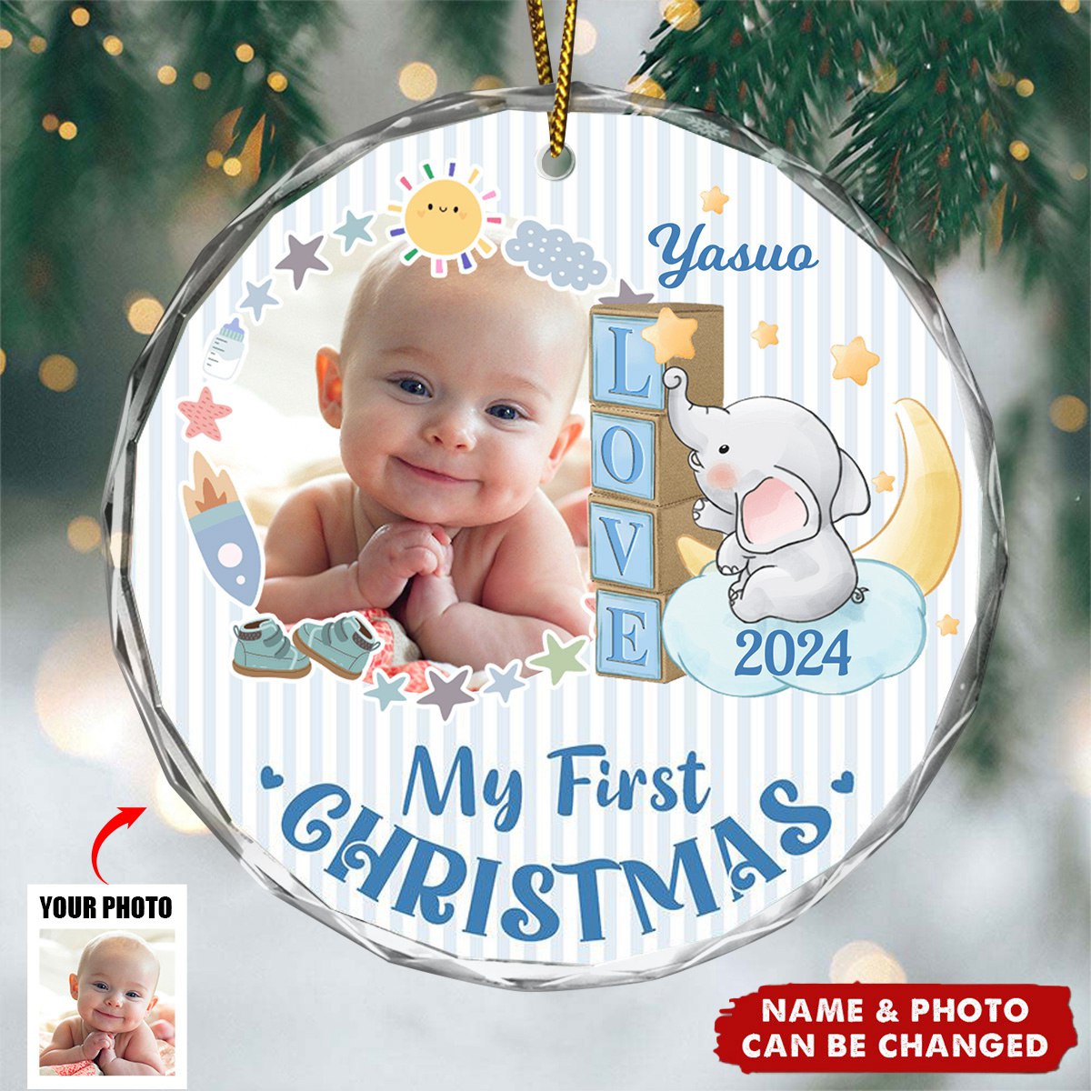 Custom Photo First Christmas Elephant Star - Personalized Circle Glass Ornament