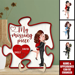 My Missing Piece Couple Hugging Kissing Red Puzzle Shaped Personalized 2-Layer Wooden Plaque, Anniversary Gift, Valentine's Day Gift