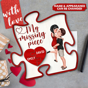 My Missing Piece Couple Hugging Kissing Red Puzzle Shaped Personalized 2-Layer Wooden Plaque, Anniversary Gift, Valentine's Day Gift