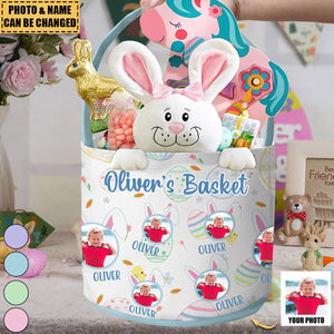 Kid Happy Easter With Bunny Ears - Personalized Photo Easter Basket