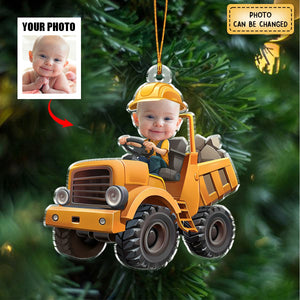 Little Boy Riding Construction Truck - Flat Design - Gifts For Kids - Personalized Acrylic Photo Ornament