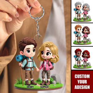 3D Cute Cartoon Hiking Couple Personalized Acrylic Keychain