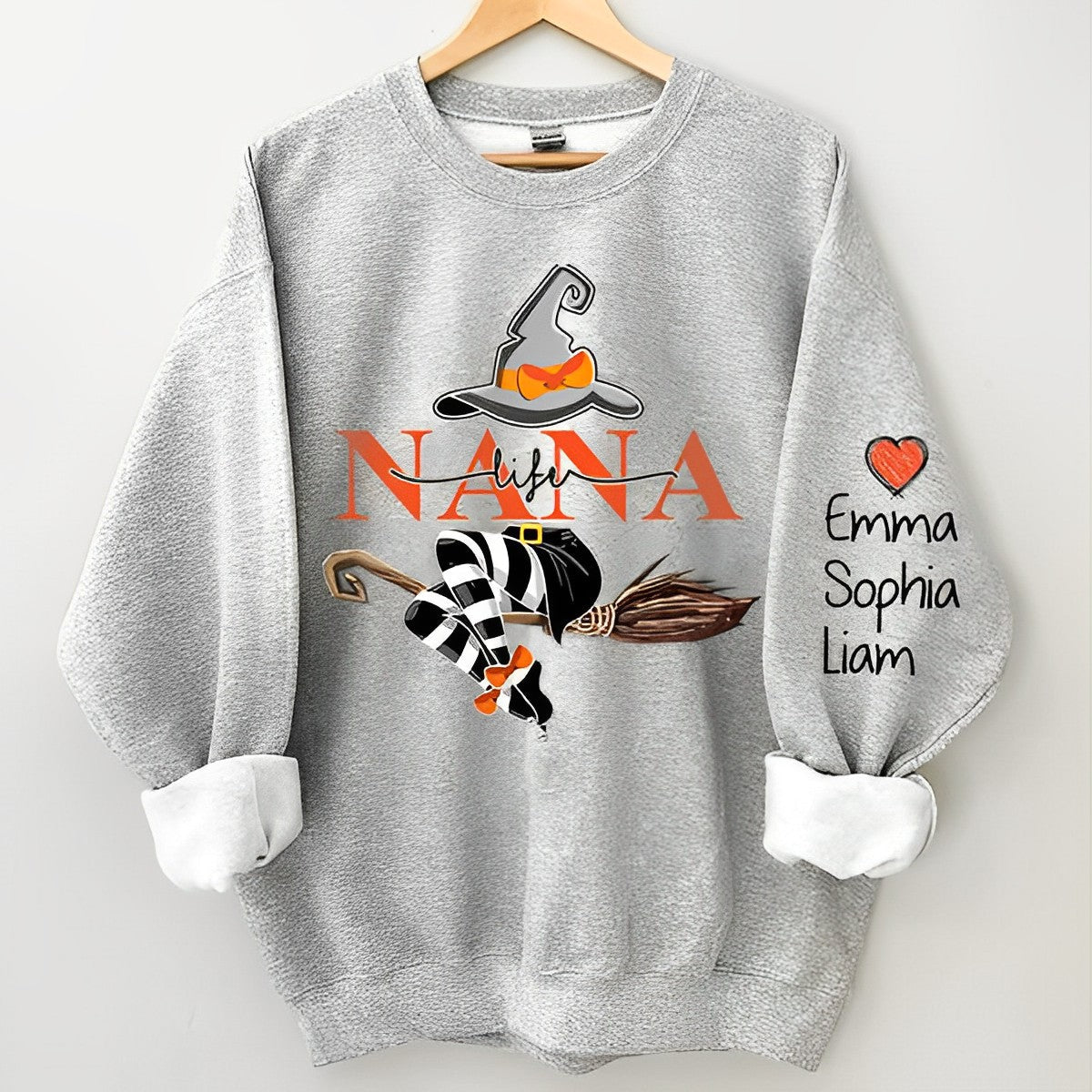 Personalized Nana Life Witch Halloween Sweatshirt, Custom Grandma With Grandkids Name On The Sleeve Halloween Sweatshirt